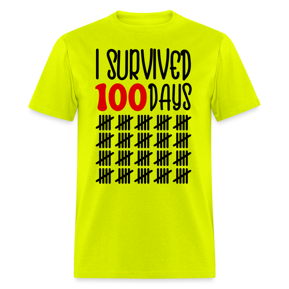 Funny 100 Days Survived School Tee Teacher Appreciation T-shirt - safety green