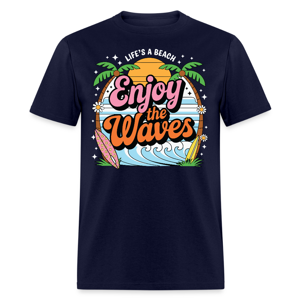 Enjoy The Waves Retro Beach Life T-shirt - navy