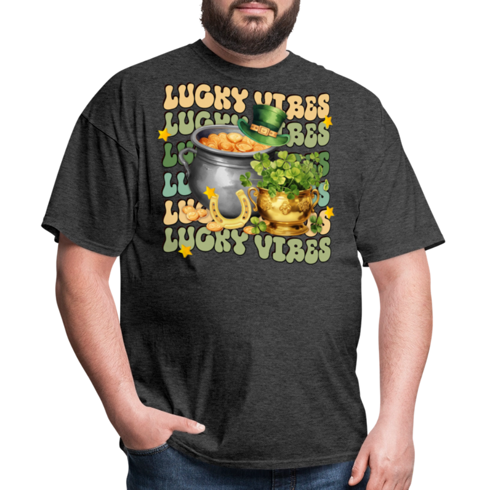 Retro-style St Patrick's Day Lucky Vibes T-shirt - heather black