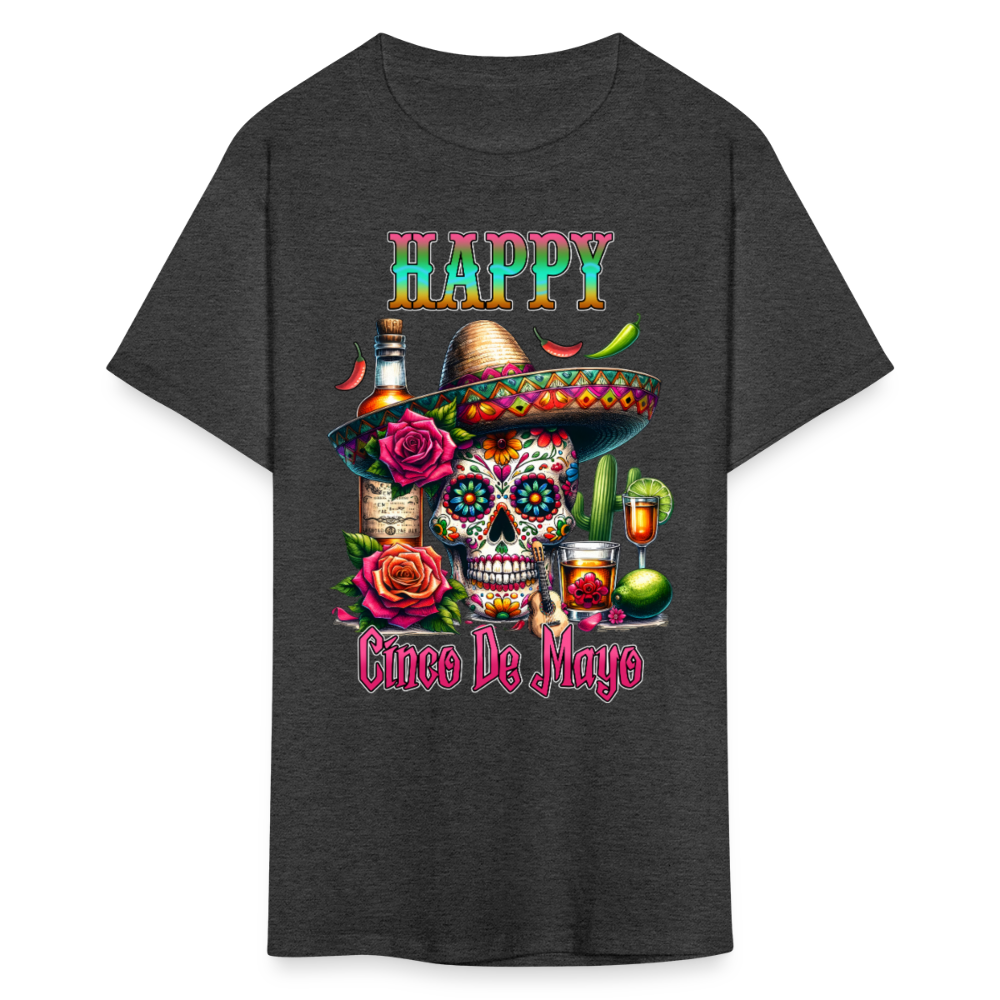 Mexican Fiesta Outfit With Skull And Roses Cinco de Mayo Skull T-shirt - heather black