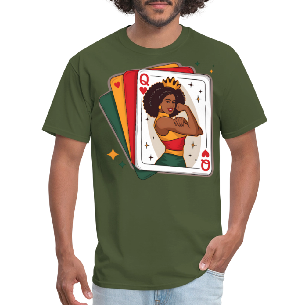 African American Queen Graphic Tee Black Queen Playing Card T-shirt - military green