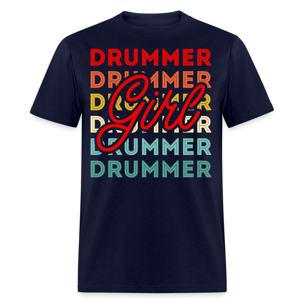 Retro Drummer Girl Cool Band T-shirt - navy