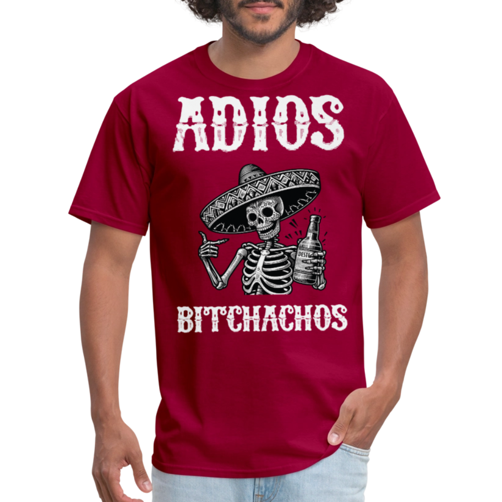 Funny Mexican Skeleton Drinking Tee Adios Bitchachos Fiesta T-shirt - dark red