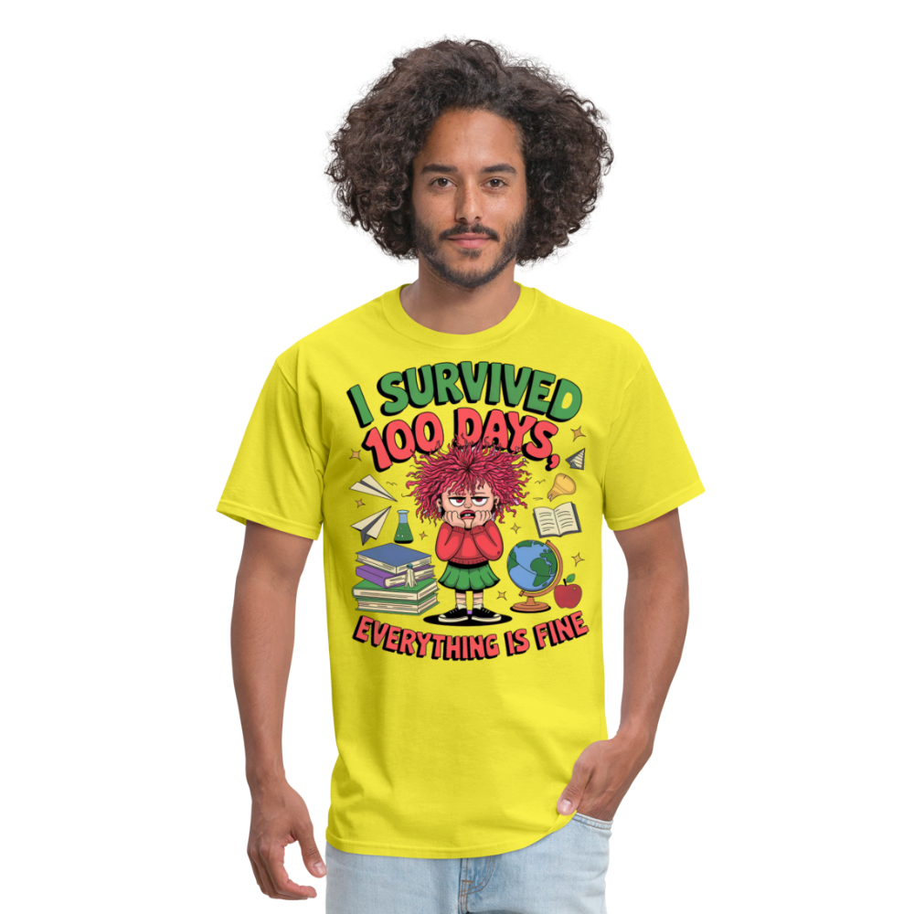 I Survived 100 Days Everything is Fine Tee Funny School Anniversary T-Shirt - yellow