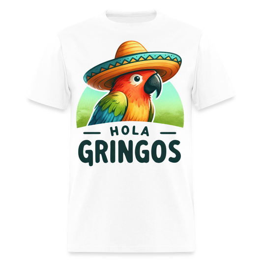 Colorful Parrot Sombrero Graphic Tee Hola Gringos Fiesta Party T-shirt - white