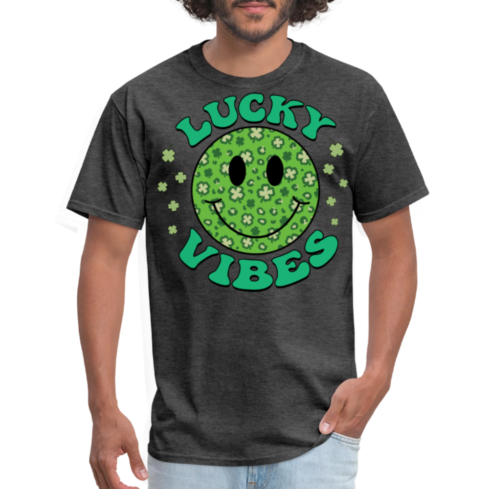 Smiley Face Shamrock Lucky Vibes St Patrick’s Day T-shirt - heather black