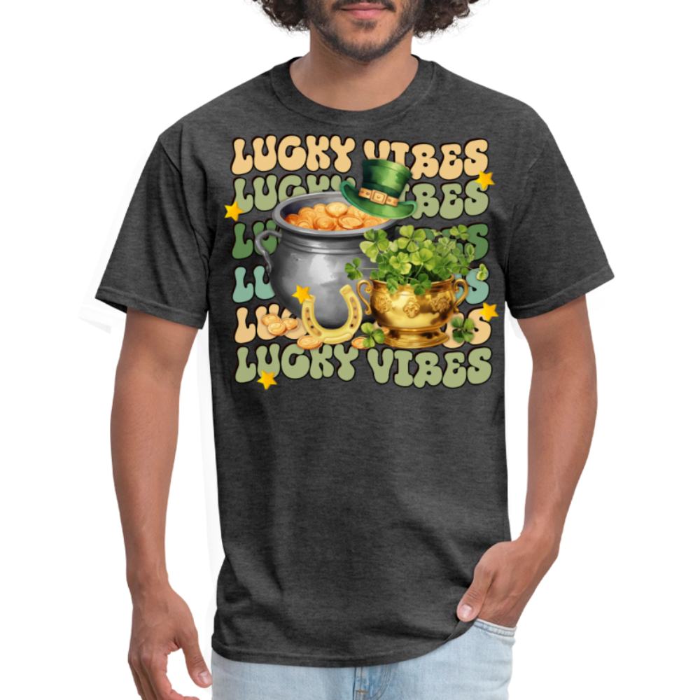 Retro-style St Patrick's Day Lucky Vibes T-shirt - heather black