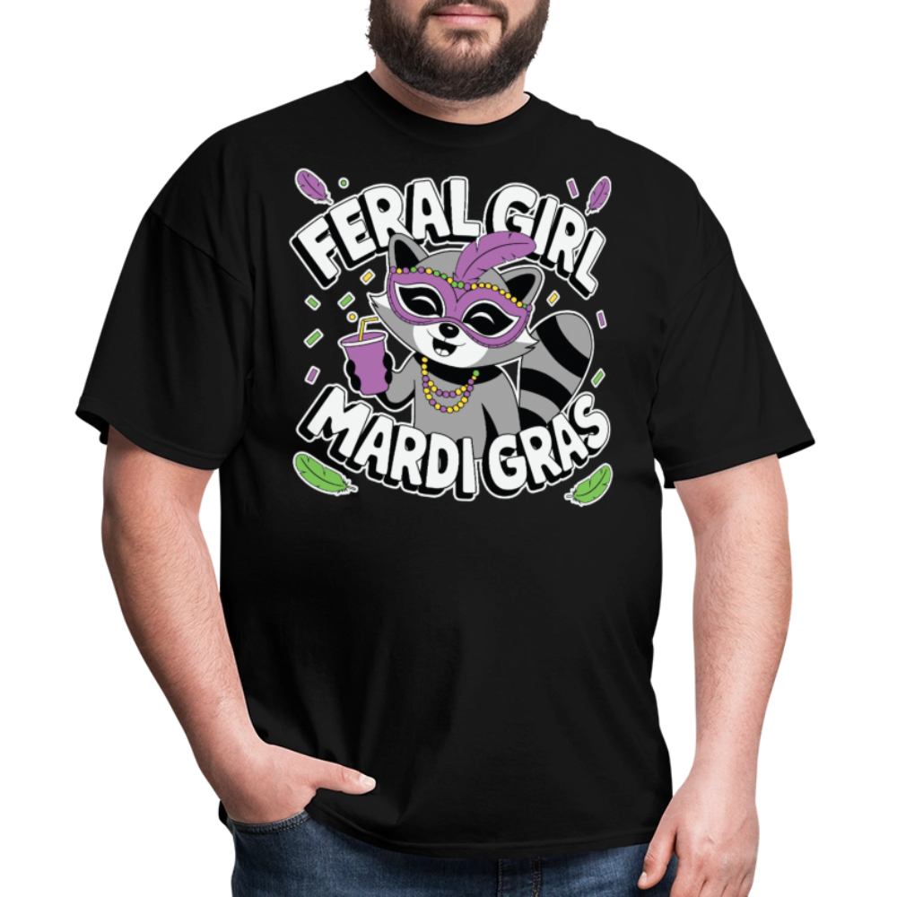 Feral Girl Mardi Gras Party Tee Raccoon Meme T-shirt - black