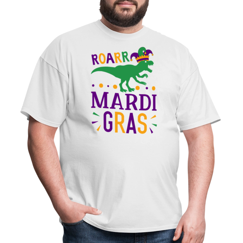 Roar Mardi Gras T-Rex Graphic Tee Funny Mardi Gras T-shirt - white