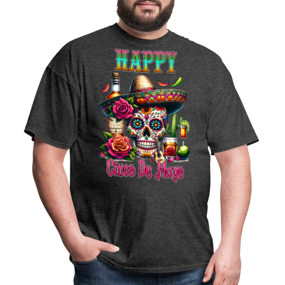 Mexican Fiesta Outfit With Skull And Roses Cinco de Mayo Skull T-shirt - heather black