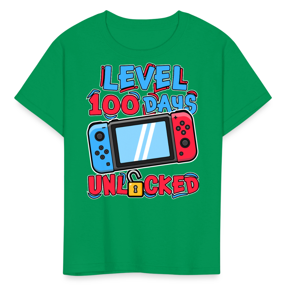 100 Days Unlocked Video Game Tee Gaming Milestone Kids T-shirt - kelly green