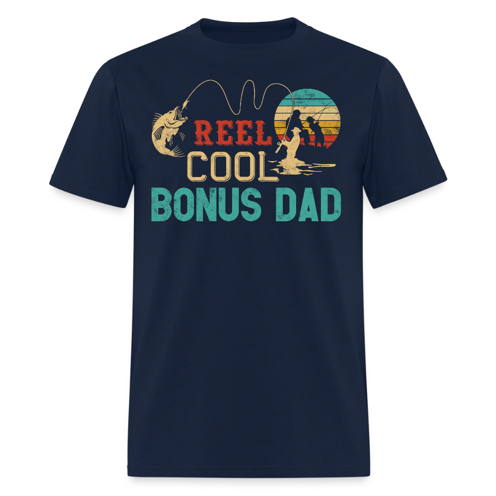 Reel Cool Bonus Dad Funny Fathers Day Fishing  T-shirt - navy