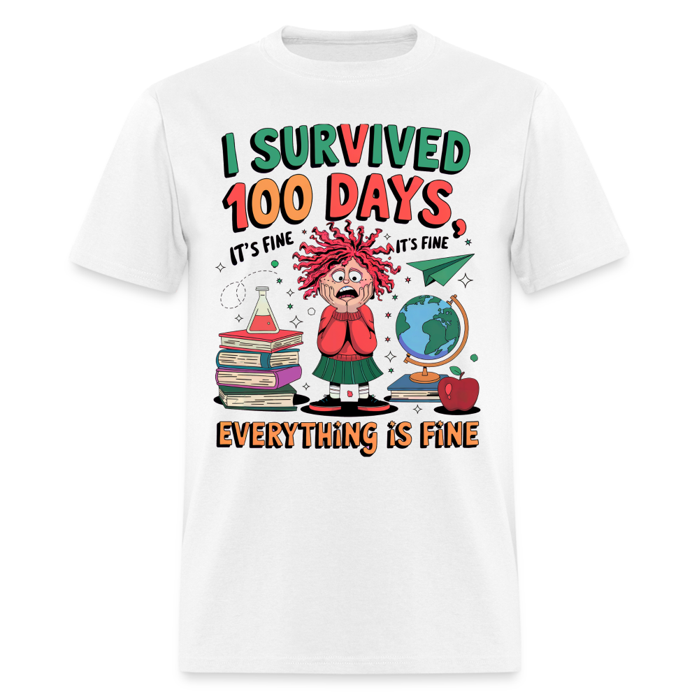 I Survived 100 Days of School Shirt - Funny Teacher and Student Celebration Unisex T-Shirt - white