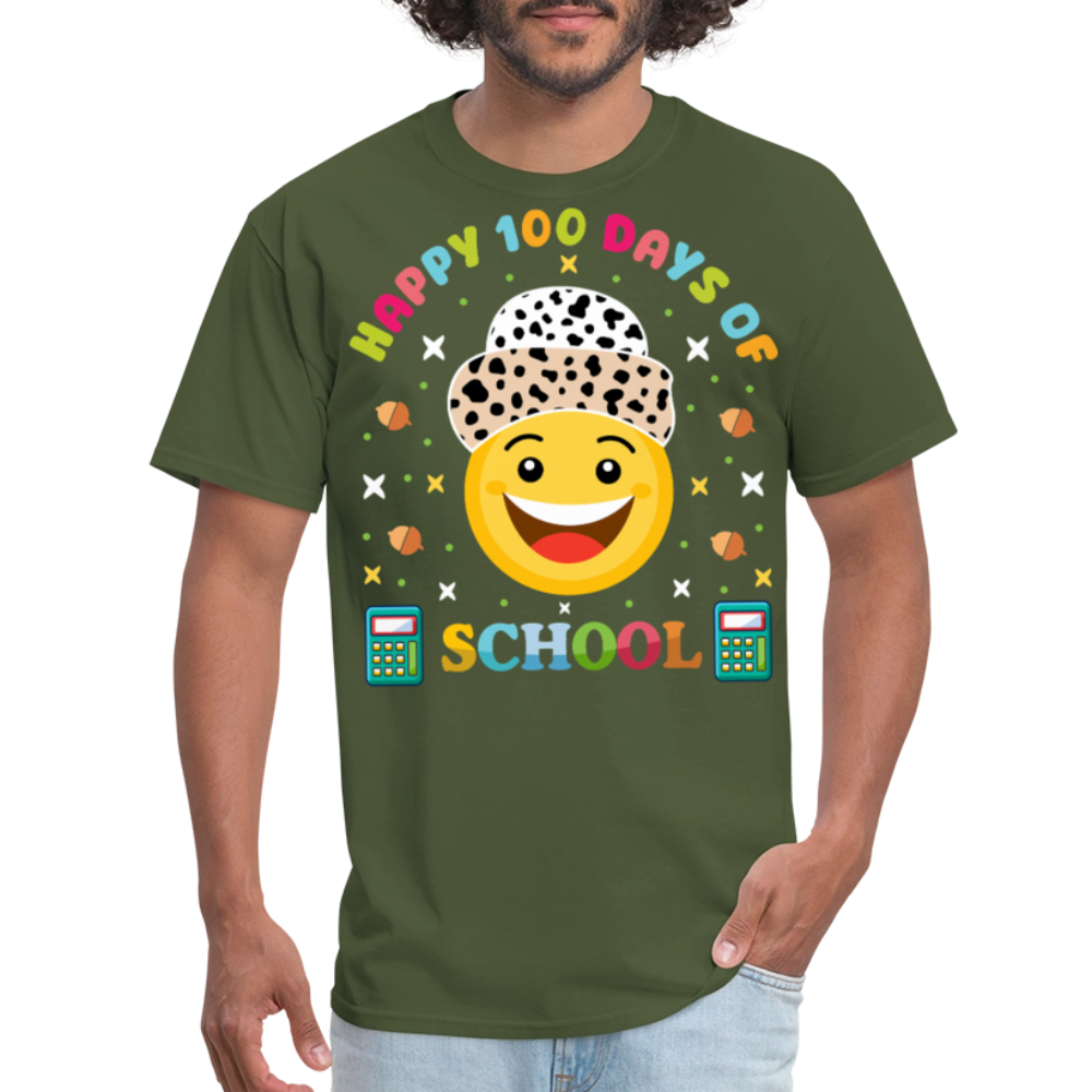 Happy 100 Days of School Teacher Tee 100 Days Smiley Face T-shirt - military green