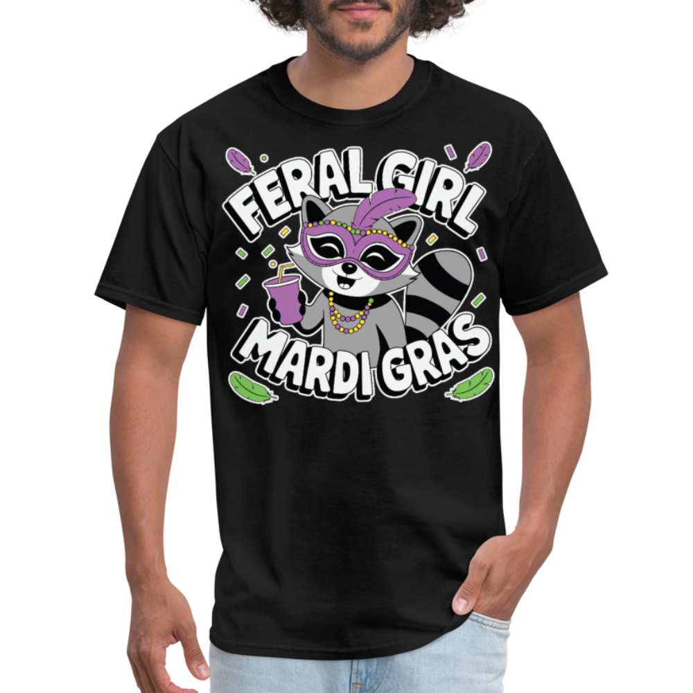 Feral Girl Mardi Gras Party Tee Raccoon Meme T-shirt - black