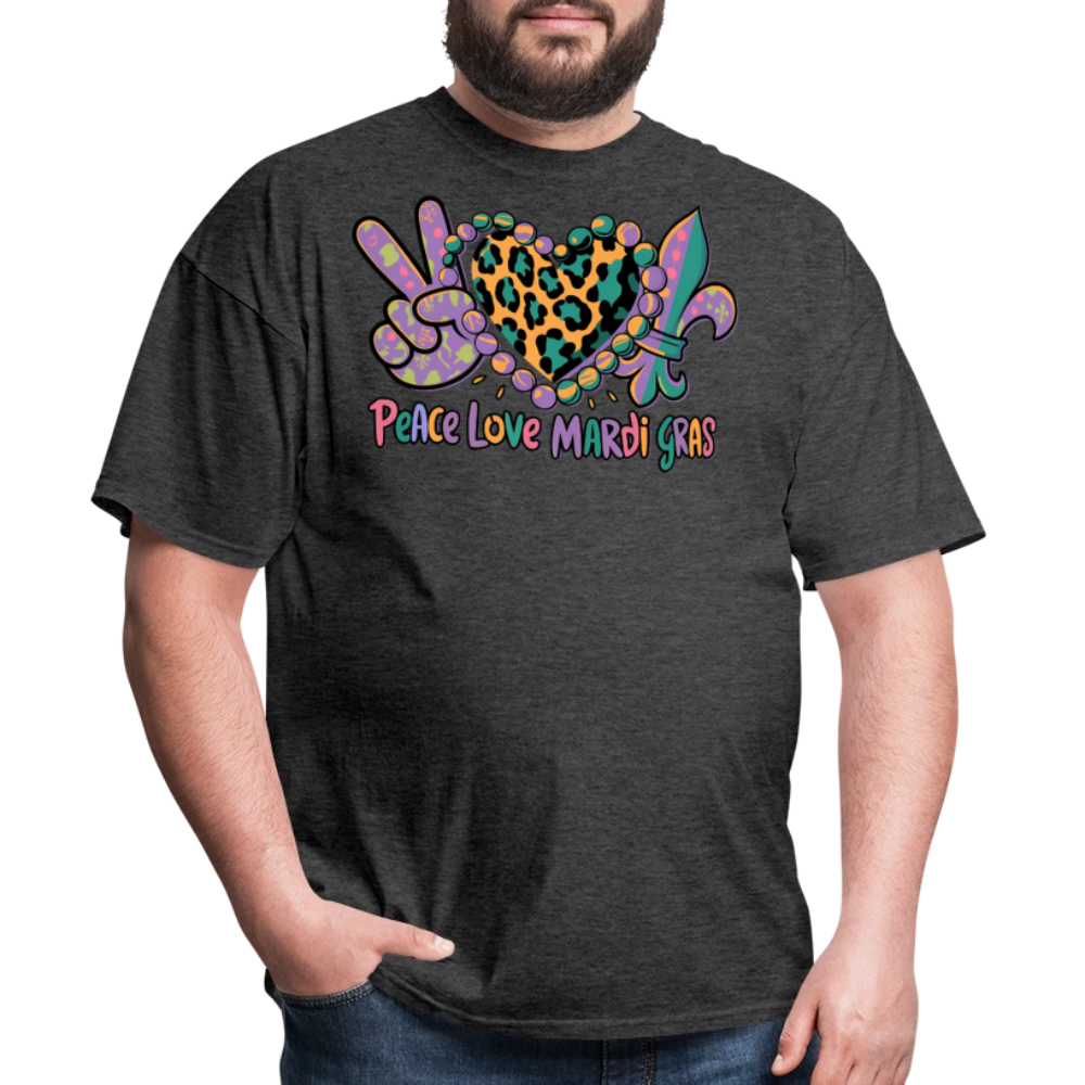 Peace Love Mardi Gras Graphic Tee Colorful Festival T-shirt - heather black