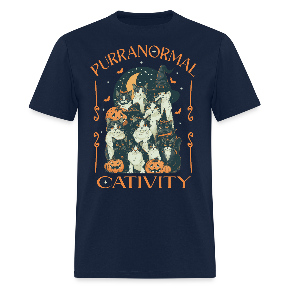 Purranormal Cativity Funny Halloween Cat T-Shirt - navy