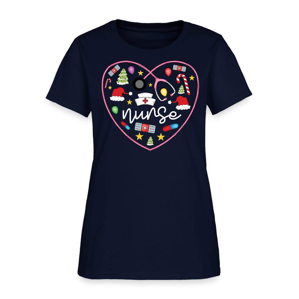 Nurse Heart Stethoscope Christmas T-Shirt - navy