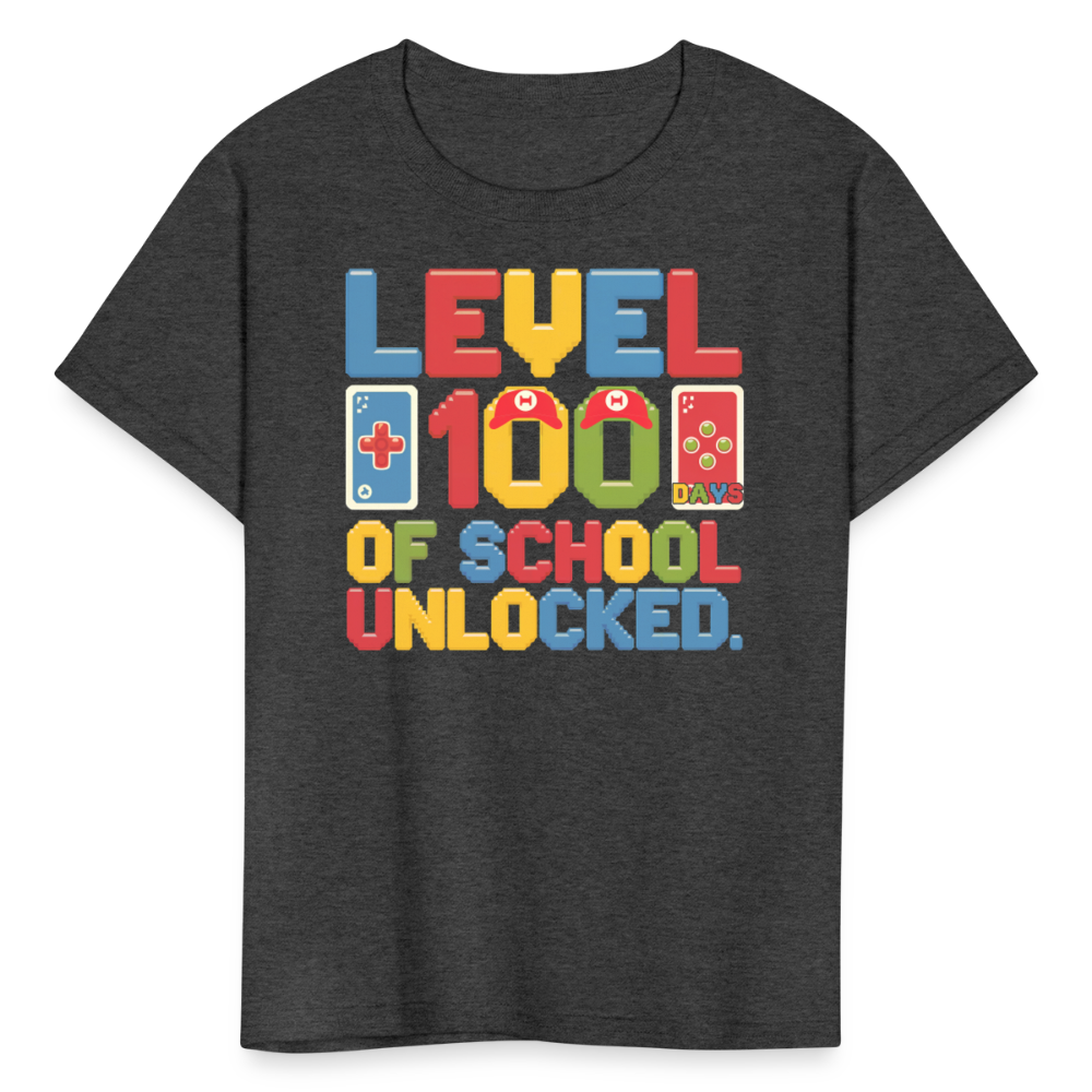 Level 100 Days of School Unlocked - Gaming Themed T-Shirt for Kids & Teachers T-Shirt - heather black