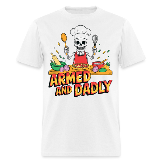 Armed And Dadly Cooking Funny Skeleton Chef Dad T-shirt - white
