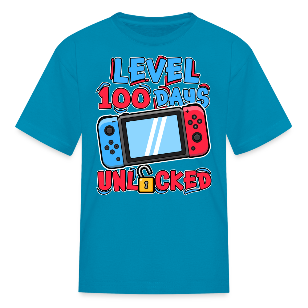 100 Days Unlocked Video Game Tee Gaming Milestone Kids T-shirt - turquoise