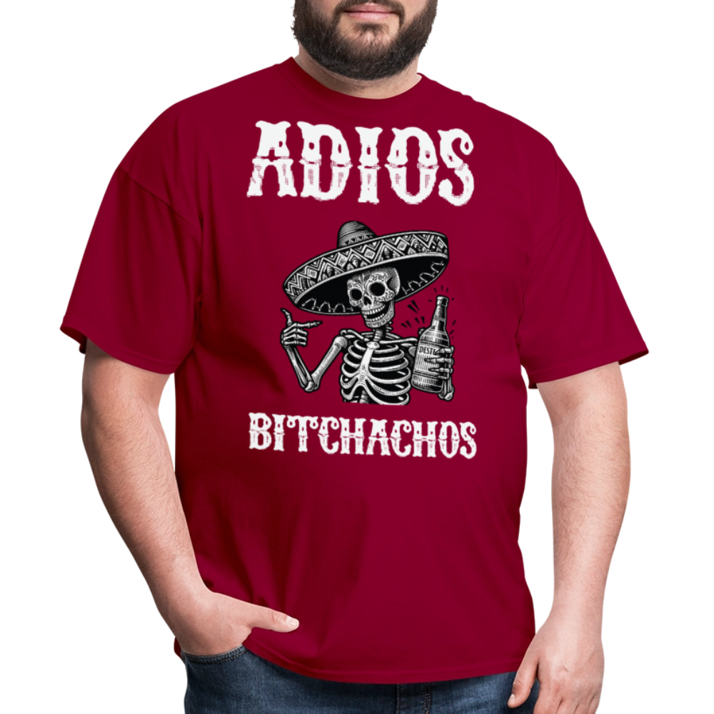 Funny Mexican Skeleton Drinking Tee Adios Bitchachos Fiesta T-shirt - dark red