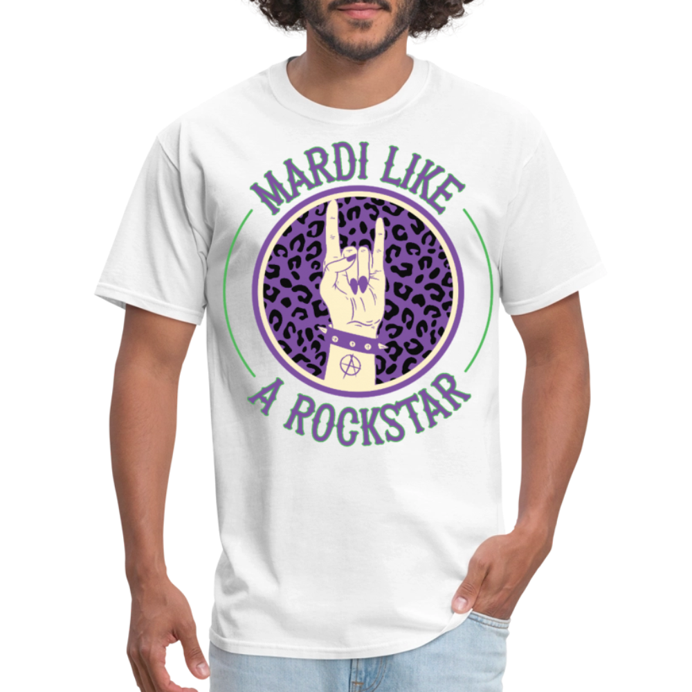 Leopard Print Rock Hand Gesture Tee Mardi Gras Rockstar T-shirt - white