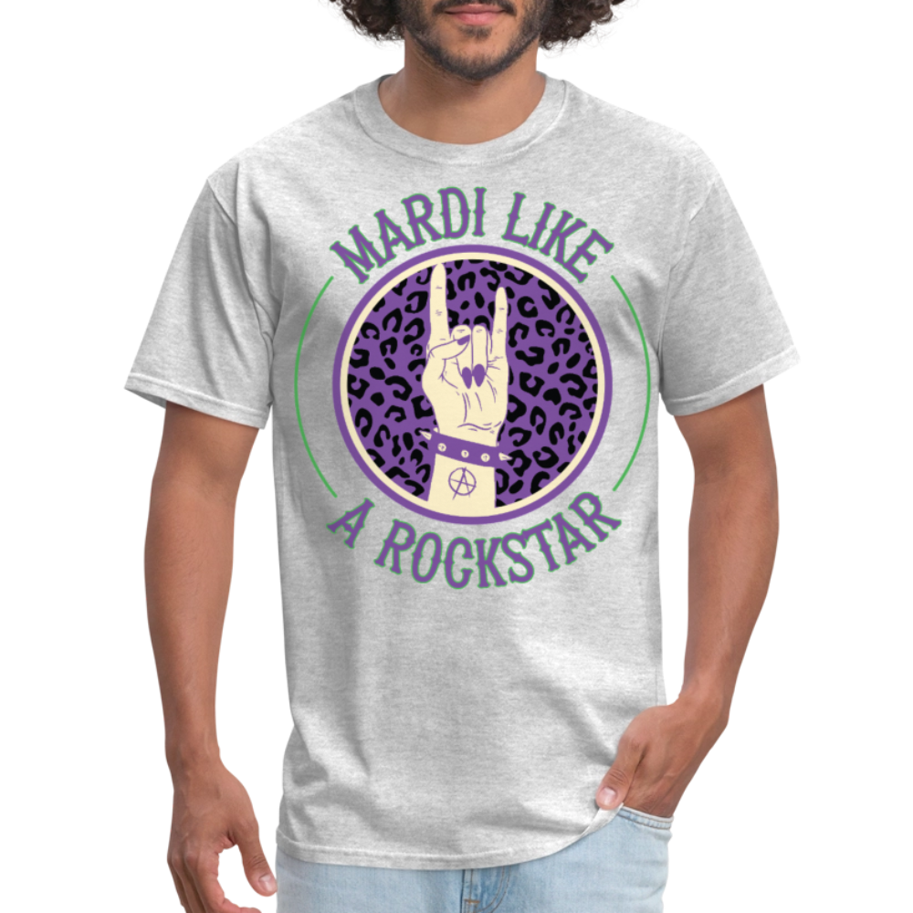 Leopard Print Rock Hand Gesture Tee Mardi Gras Rockstar T-shirt - heather gray