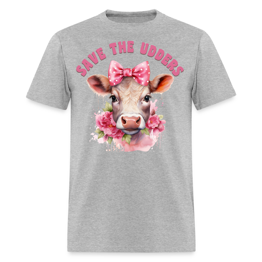 Save The Udders Floral Cow Pink Bow T-Shirt - heather gray