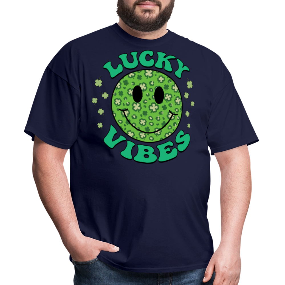 Smiley Face Shamrock Lucky Vibes St Patrick’s Day T-shirt - navy