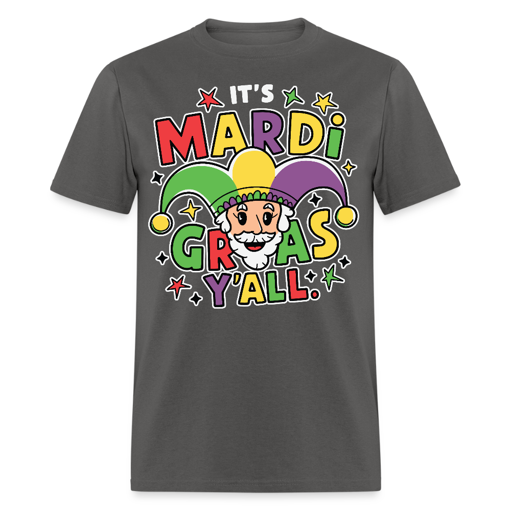 Funny Mardi Gras Party Shirt With Jester Festive Mardi Gras Y’all T-shirt - charcoal