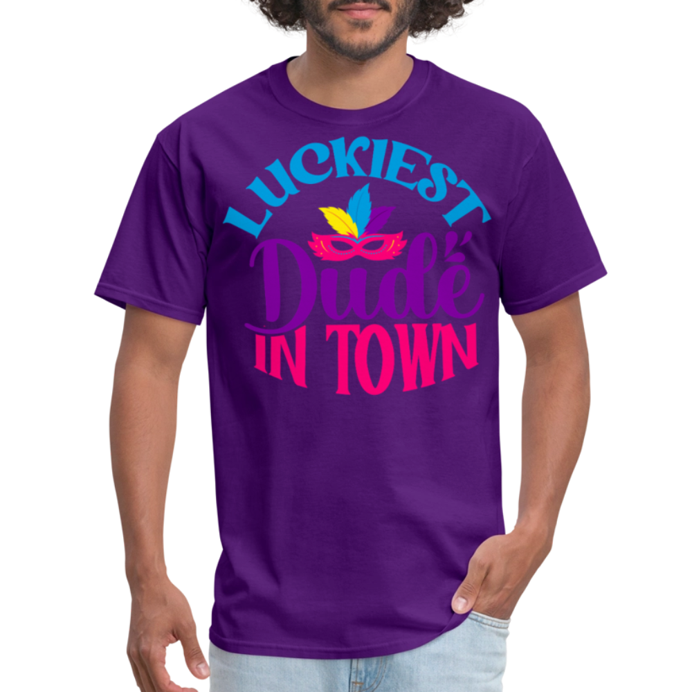 Luckiest Dude in Town Mardi Gras T-shirt - purple