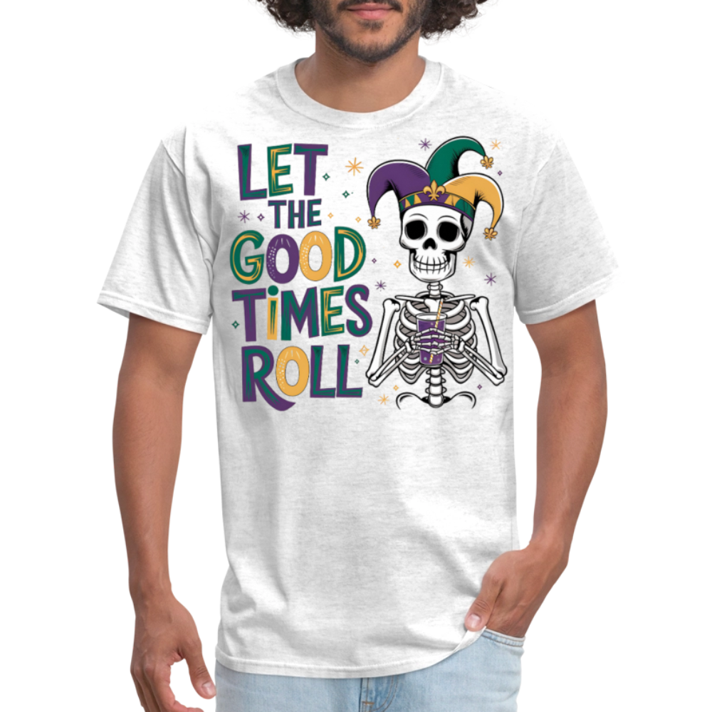 Let the Good Times Roll Mardi Gras Tee Funny Skeleton Jester Hat T-shirt - light heather gray