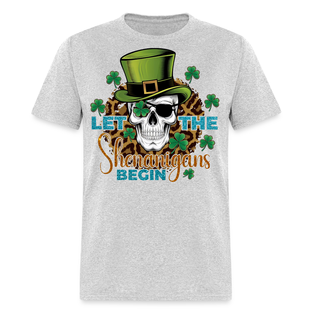 Let The Shenanigans Begin Graphic Skull Design T-shirt - heather gray