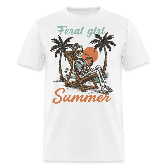 Feral Girl Summer Funny Skeleton T-shirt - white