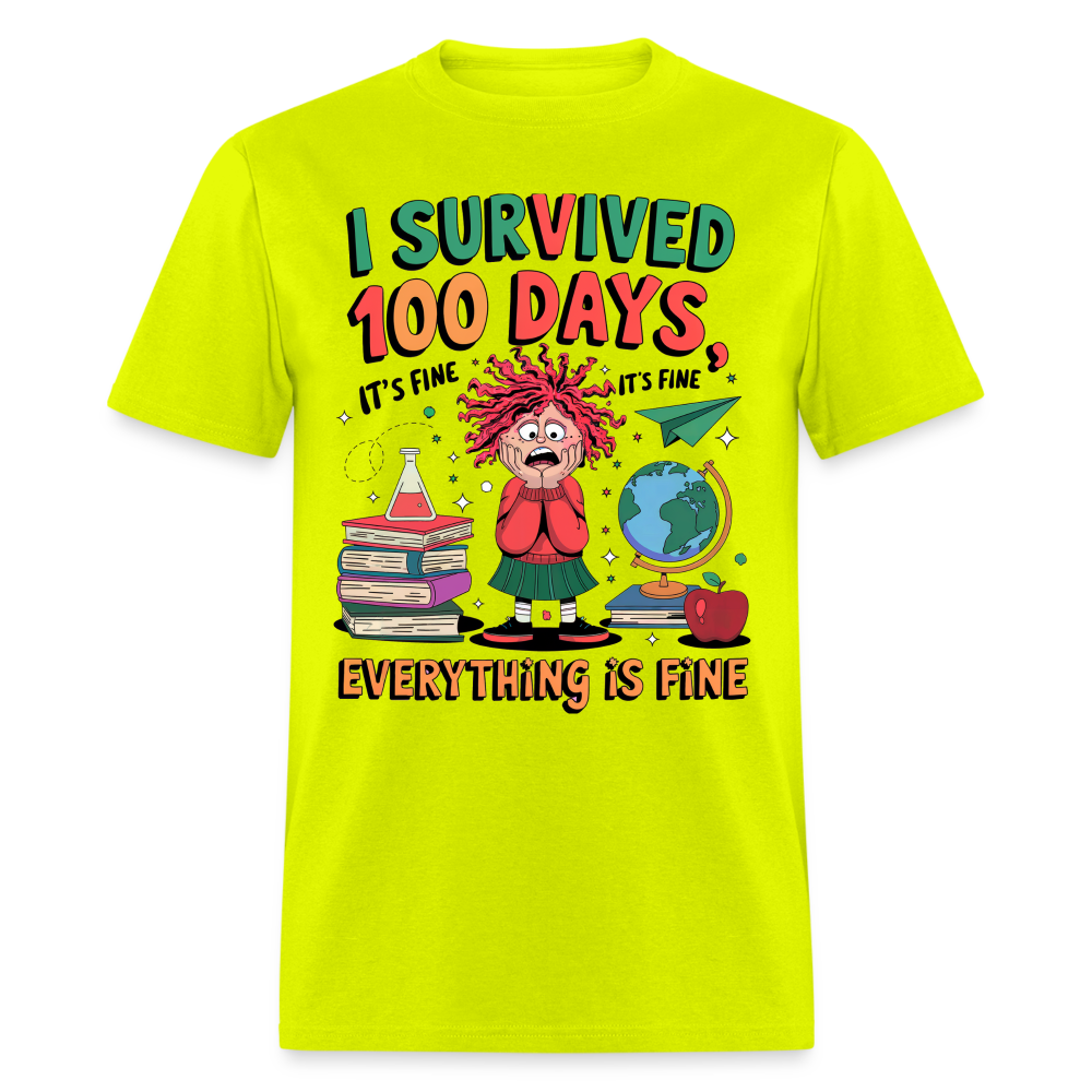 I Survived 100 Days of School Shirt - Funny Teacher and Student Celebration Unisex T-Shirt - safety green