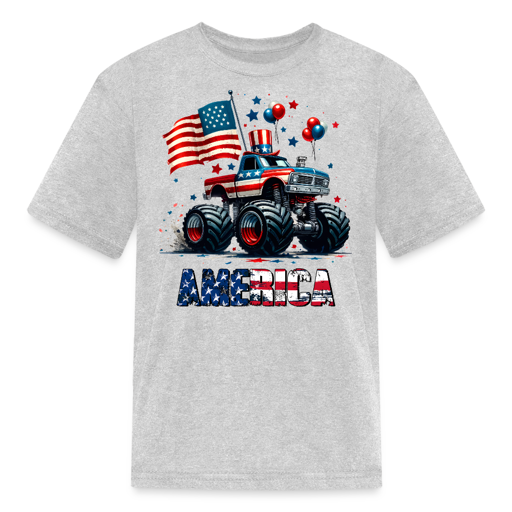 Patriotic Monster American Flag Truck Kids' T-Shirt - heather gray