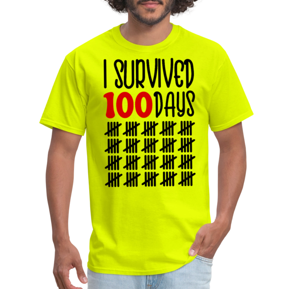 Funny 100 Days Survived School Tee Teacher Appreciation T-shirt - safety green