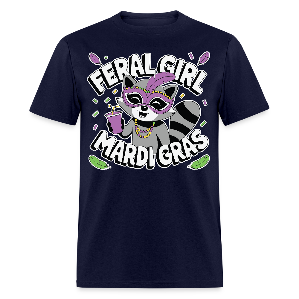 Feral Girl Mardi Gras Party Tee Raccoon Meme T-shirt - navy