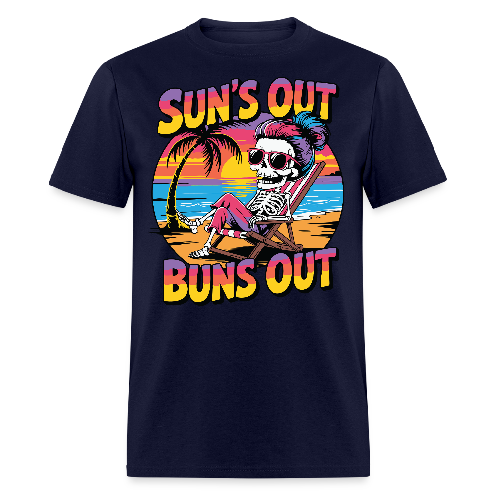Sun's Out Buns Out Beach Funny Skeleton Summer T-shirt - navy