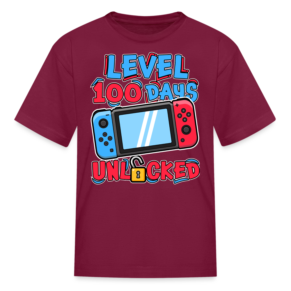 100 Days Unlocked Video Game Tee Gaming Milestone Kids T-shirt - burgundy