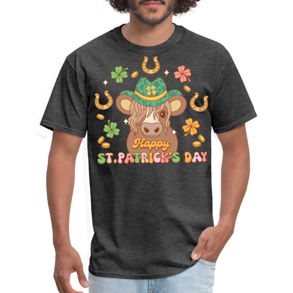 Cute Highland Cow St Patrick's Day T-shirt - heather black