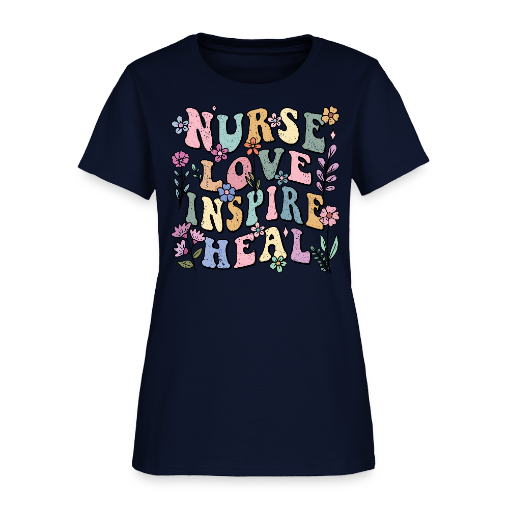 Colorful Retro Nurse Love Inspire Heal T-Shirt - navy