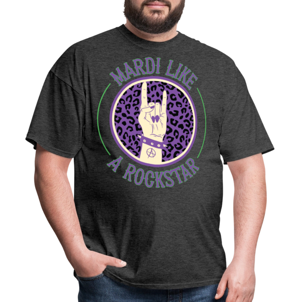 Leopard Print Rock Hand Gesture Tee Mardi Gras Rockstar T-shirt - heather black