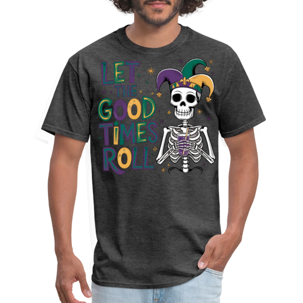 Let the Good Times Roll Mardi Gras Tee Funny Skeleton Jester Hat T-shirt - heather black