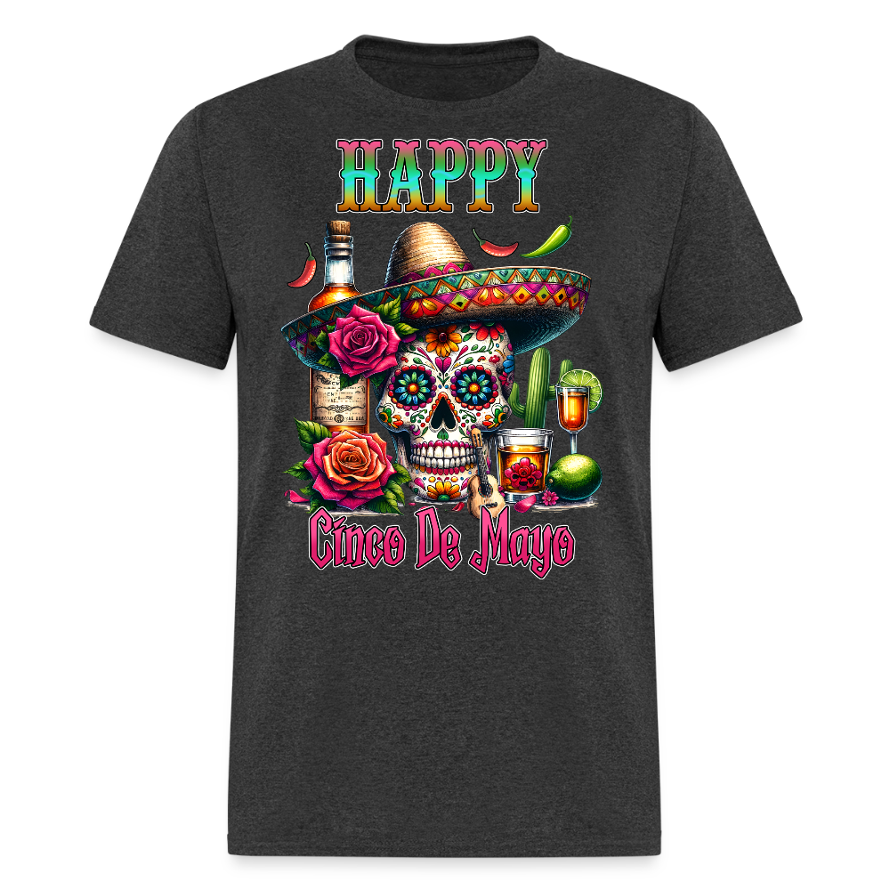 Mexican Fiesta Outfit With Skull And Roses Cinco de Mayo Skull T-shirt - heather black