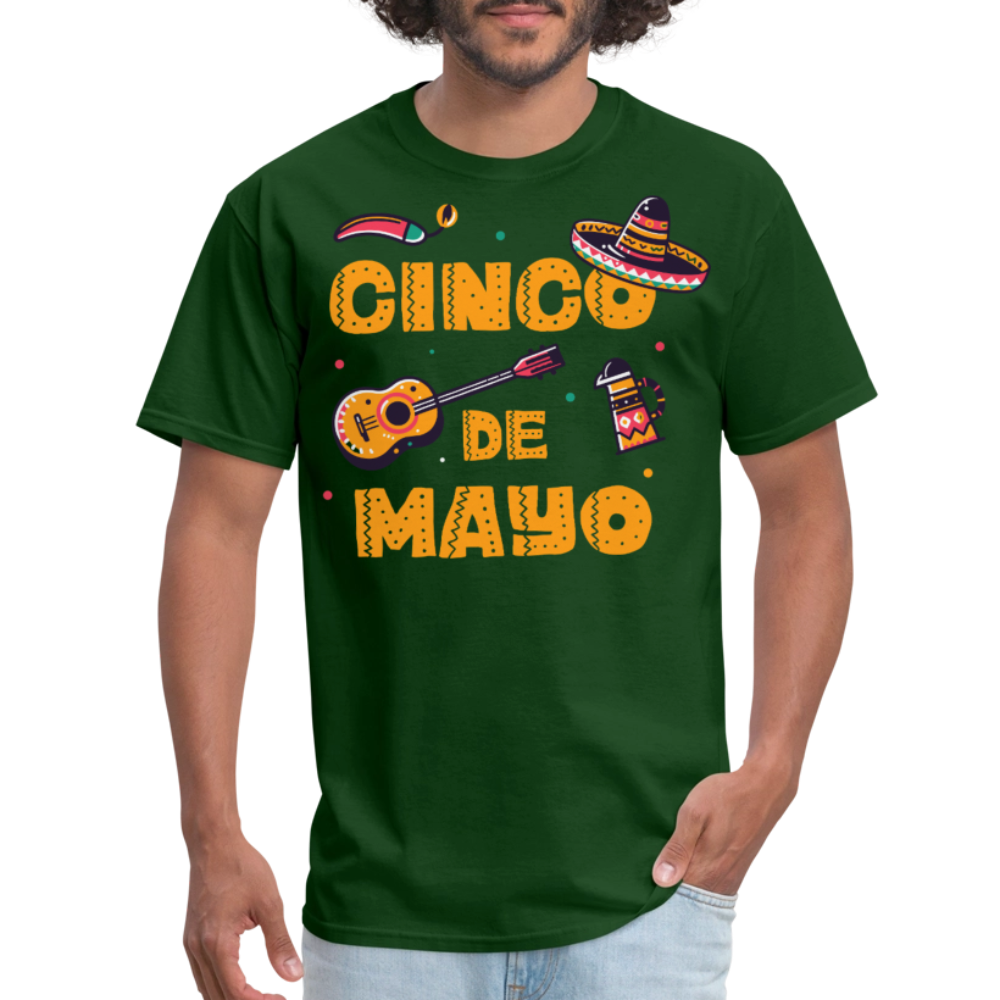 Mexican Fiesta Tee With Guitar And Sombrero Funny Cinco de Mayo T-shirt - forest green