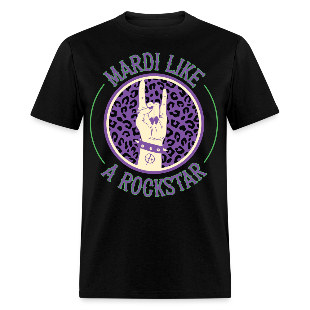 Leopard Print Rock Hand Gesture Tee Mardi Gras Rockstar T-shirt - black