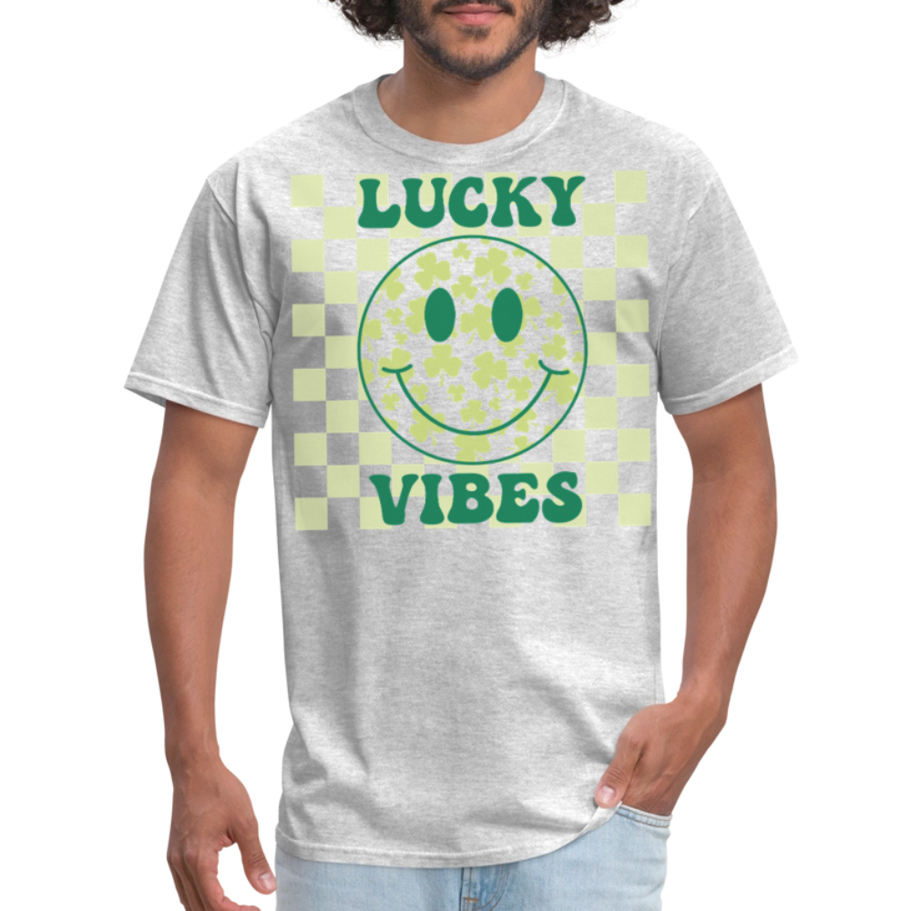 Retro Checkered Lucky Charm Smiley Face T-shirt - heather gray