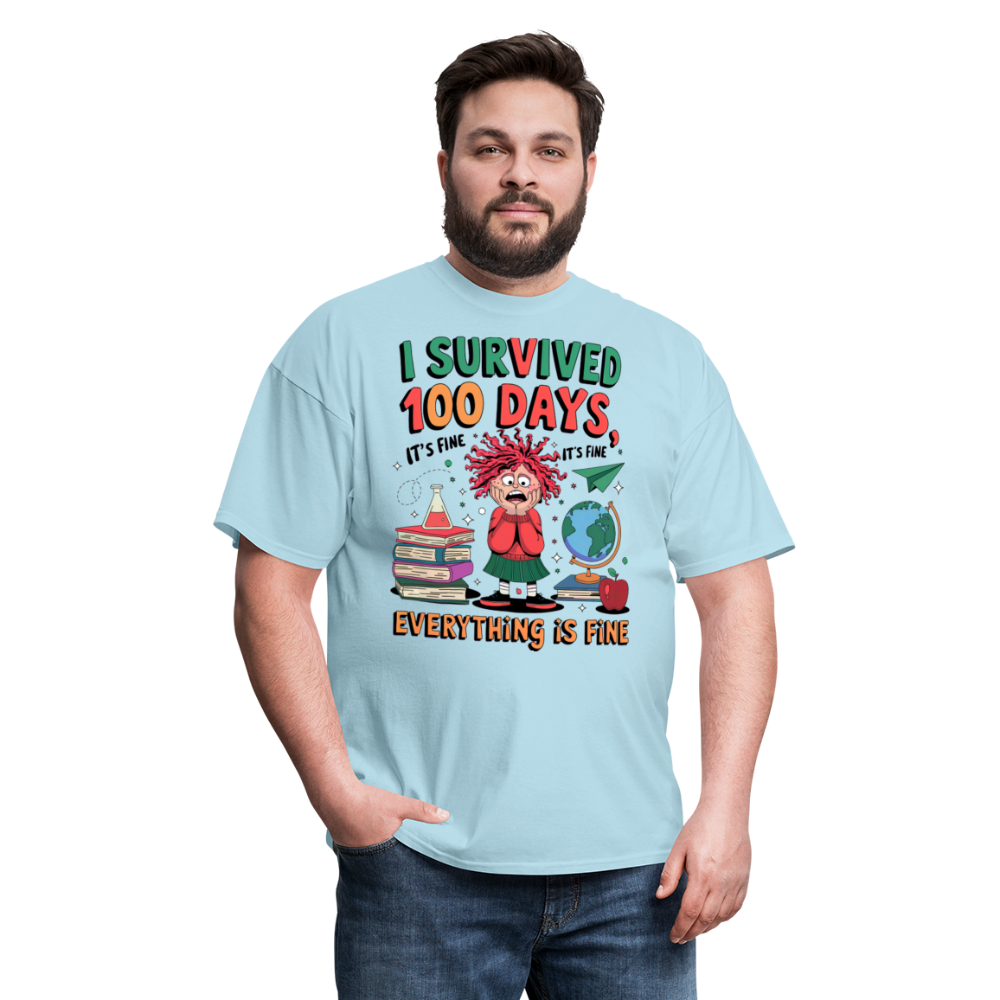 I Survived 100 Days of School Shirt - Funny Teacher and Student Celebration Unisex T-Shirt - powder blue